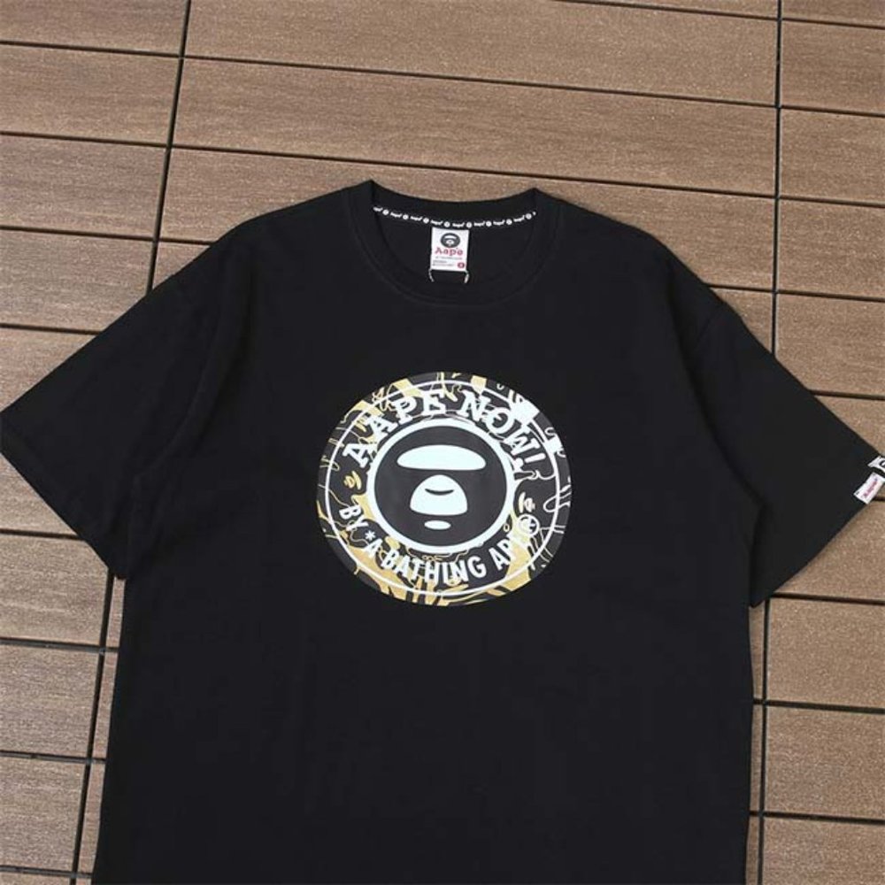 AAPE Yellow Ring Letter Print Logo T-Shirt - Black Short Sleeve - Picture 4 of 11